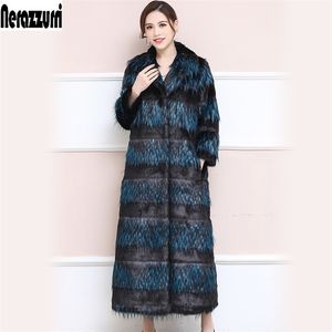 Nerazzurri winter women faux fur long coat breasted thick warm fluffy plus size women fashion coats notched lapel 5xl 6xl 7xl 201016