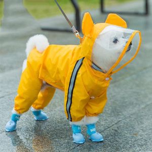 Hundebekleidung Haustier Reflektierender Regenmantel Welpe All-Inclusive Vier-Fuß-Jacke Grüner wasserdichter Umhang Hiromi Kleidung Mantel mit Regenstiefeln