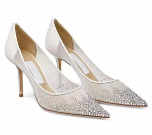 Lyxiga sommarvarumärken Romy Dress Wedding Sandals Skor Mesh Läderpumpar med Strass Lady Elegant Pekad Toe High Heels Black Nude EU35-42.box