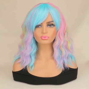 Suq Damska krótka fala wodna z Bangs Girls Syntetyczne włosy Cosplay Rainbow Multi Color Party S 220622