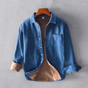 Höst vinter denim skjorta män långärmad fleece solid färg mens tvättad blå / svart jeans bomull andas tops mäns casual shirts