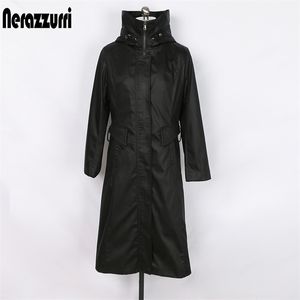 Jaquetas de capuzes com zíper de zíper nerazzurri para mulheres de cintura elástica de manga comprida casaco de inverno preto plus size longa parka capa de chuva quente 201202
