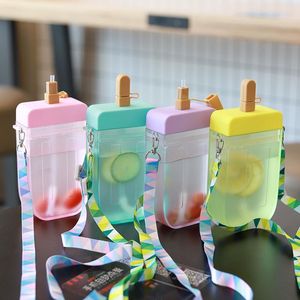 Cute Straw Cup Creative Popsicle Shape Plastic Water Bottle Outdoor Transparent Juice Drinking Cup Mug For Adult Children W2