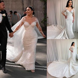 Meerjungfrau Hochzeit Paillettenkleider Applique Full Sleeve Brautkleider benutzerdefinierte Plus -Größe Sweep -Boden formelle Kleid