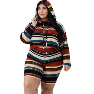 Casual 2 Piece Women Set Striped Hooded Long Sleeve Shorts Elasticity Tracksuits Set Plus Size Outfits Wholesale Dropshipping T200325