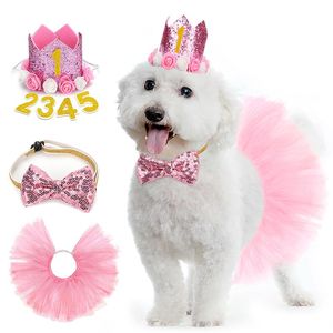 Hundkläder födelsedagsfest dekorationer söt tutu kjol hat krona med siffror och blingbling bowtie för husdjur outfitdog