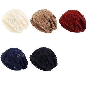 Spitze frauen Skullies Beanie Hüte Hohl Turban Hüte Frühling Herbst Winddicht Warme Schwarze Kappe Kopftuch Motorhaube Femme Gorro