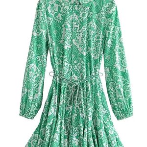 Traf zar camisa de impressão verde vestido mulher plissado vestidos curtos para mulheres cinto vintage mini vestido manga longa vestidos casuais 220531