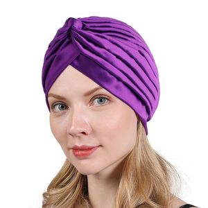 Muslimska kvinnor knutna silkeslen satin turban islamiska inre hijab kepsar bandanas vridna arabiska wrap head wraps hår tillbehör turbante