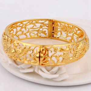 16mm di spessore Dragon Phoenix Womens Bangle Solid 18k Yellow Gold Filled Dubai Wedding Party Sposa Bracciale gioielli regalo Dia 60mm