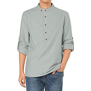 Retro Casual Sukienka Koszule Męskie Z Długim Rękawem Vintage Stojak Collar Przyciski Bluzka Męska Solidna Luźna Camisa Plus Size Men's