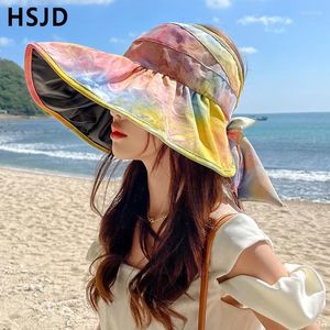 Wide Brim Hats Summer Women Colorful Tie-dye Large Sun UV Protection Empty Top Hat Beach Foldable Bow Sunscreen Cap VacationWide WideWide Ch