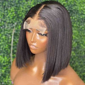 İnsan saç perukları brezilya düz bob kısa şeffaf frontal prepucked hat dantel kadınlar için 220713
