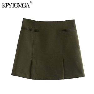 KPYTOMOA Women Chic Fashion With Pockets Front Vents Mini Skirt Vintage High Waist Side Zipper Female Skirts Mujer 210306