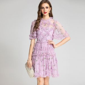 Women's Runway Dress O Neck Short Sleeves Ruffles Sexy Tulle Laid Over Fashion Designer Homecoming dress
