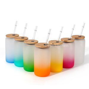 16oz Sublimation Blanks Glass Mugs Tumbler Jar Wide Mouth Beer Coffee Cup Water Bottle Frosted Gradient Color Glasses Cups With Bamboo Lids & Straws