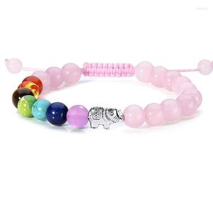 Fios de miçangas alongadas quartzes de rosa Lucky Stone Bracelet reiki cura de cristal pedras de elefante pingente de elefante