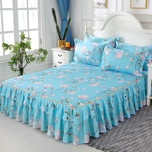 3PCS Bed Skirt Flower Printed Fitted Sheet Cover Home Graceful spread Linens room Decor Mattress Pillowcase Y200417