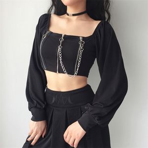 ITOOLIN Y2k Gothic Crop Top z zamkiem błyskawicznym kobiety Sexy Off Shoulder Street t-shirty Clubwear koszulki z długim rękawem ciemny czarny ubrania vintage 220326