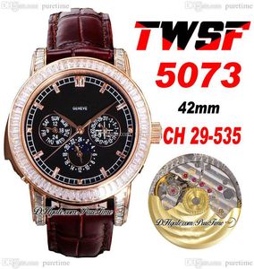 TWSF 5073 Perpetual Calendar Moon Phase CH29-535 Automatic Mens Watch Rose Gold Paved Rectangle Diamonds Case Black Dial Brown Leather Strap Super Edition Puretime