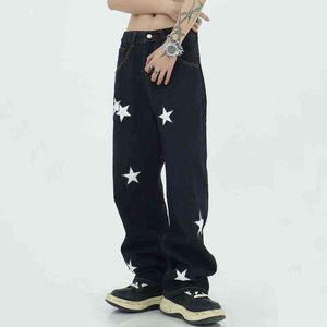 Gwiazda haftowane dżinsy męskie Męskie czarne umyte retro street szerokie nogi dżinsy modowe dżinsowe spodnie w lupgy casualne spodnie T220803