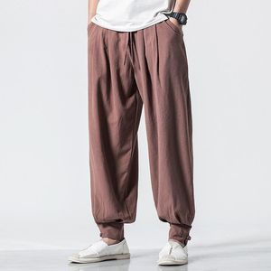Męskie spodnie wiosna jesienne spodnie dresowe lniane swobodne mężczyźni luźne spodnie harema kwitną ulicę noszenie pant man streetwear chiński stylistyka