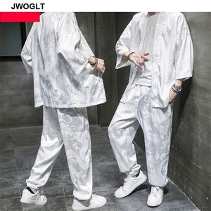 Set Harajuku Japonya Erkekler Trailsuit Açık Stich Üstler Ejderha Desen Dizisi Bel Pantolon Gevşek Takım Siyah Beyaz Spor Giyim LJ201125