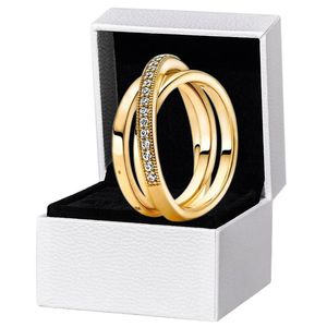 Anel de casamento banhado a ouro amarelo feminino 925 prata esterlina caixa original para pandora cz diamante cruzado pave anéis de banda tripla