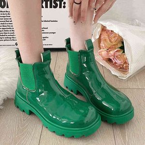 Jmprs Patent Leather Platform Ankle Boot Autumn Heels Green Short Woman Non-slip Thick Bottom Shoes Mujer 220815