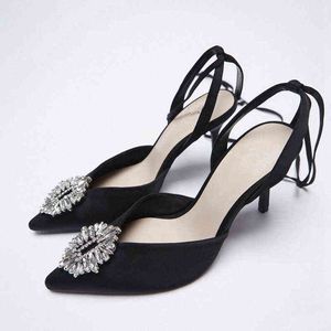 Sandals Women High Heels Sexy Pointed Stiletto Pumps Luxury Rhinestones Buckle Cross Strap Thin Heeled Sandals Lady Muller Shoes Slippers 220408