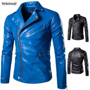 Wholesale- New 2017 autumn fashion inclined zipper design turn down collar slim fit motorcycle leather jacket men size m-5xl PY13