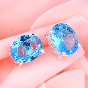 6 Pairs LuckyShine Oval Blue Topaz Gems 925 Sterling Silver Plated Women Stud Earrings Jewelry New