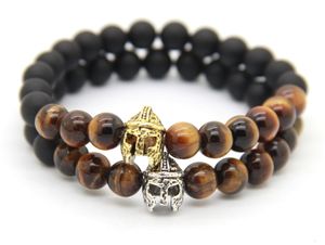 Jul Mens Party Gift Partihandel 8mm Matt Agate Stone Pärlor Antik SilverGold Plated Roman Helmet Spartan Armband