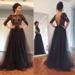 2017 Elegancka Czarna Koronka Backless Illusion 3/4 Z Długim Rękawem Top Tulle Spódnica Matka Suknie Panny Młodej Plus Size Custom Made EN110113