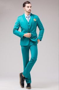 Sunshine Energetic Center Vent Turquoise Bruidegom Tuxedos Notch Revers Slim Fit Heren Trouwjurk Holiday Prom Blazer (jas + Broek + Tie + Vest)