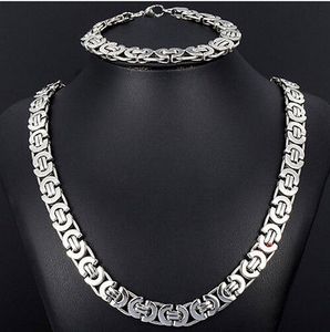 New Style Jewlery Set 8mm Silver Tone Flat byzantine chain necklace & bracelet 316L Stainless Steel Bling for Fashion mens XMAS Gift jewelry