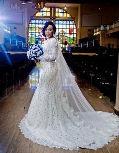 긴 소매와 함께 화려한 아랍어 나이지리아 웨딩 드레스가 긴 크리스탈 채플 기차 레이스 2018 인어 신부 가운 Vestidos de Noiva