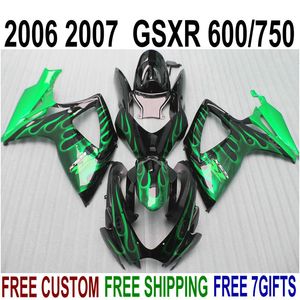 Freeship Kunststoff-Verkleidungsset für Suzuki GSXR 600 GSXR 750 06 07 K6 grüne Flammen schwarze Verkleidungsset GSX-R600/750 2006 2007 V78F