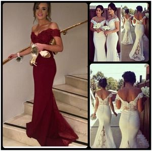Eleganckie bordowe sukienki wieczorowe z syreny ramion kobiety Formalne suknie imprezowe Vestidos de Festa Long Druhna Sukienka z koronkowymi aplikacjami