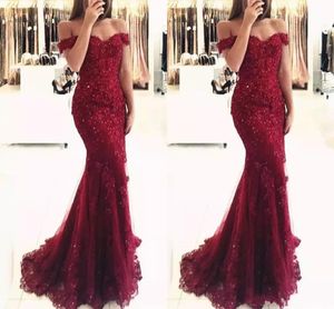 New Elegant Burgundy Off the Shoulder Beaded Lace Mermaid Prom Dresses Short Sleeves Floor Length Formal Evening Gowns Vestido de Fiesta