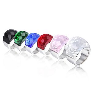 Stora kristallstenar för kvinnor rostfritt stål glas anel smycken multi-färg bröllop parti ringar röd blå grön vit