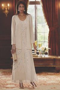 New Ankle Length Chiffon Mother of the Bride Groom Dress With Long Sleeve Jacket A Line V Neck Beading In Plus Size 248