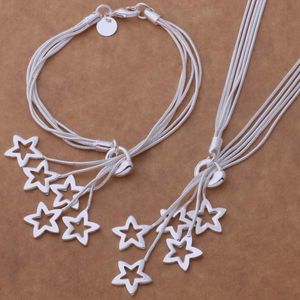 Gratis frakt med spårningsnummer Bästa Hot 925 Sterling Silver Multi Hollow Heart Stars Chains Halsband Armband Set smycken