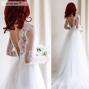 Lace Long Sleeves Wedding Dresses Backless Pleats Tulle Sweep Train Bridal Gowns vestido de novia Plus Size Wedding Dresses