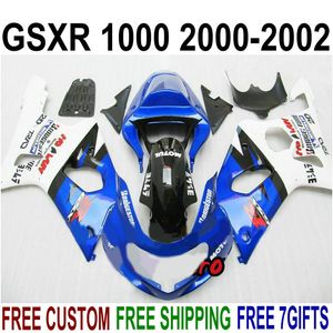 Ücretsiz özelleştirmek SUZUKI GSXR1000 K2 2000 2001 2002 için kaporta kiti mavi beyaz siyah plastik fairings seti GSX-R1000 00 01 02 HV33