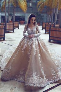 100% immagine reale abito da ballo scintillante abiti da sposa collo trasparente paillettes tulle con perline maniche lunghe abiti da sposa senza schienale abito da sposa taglie forti