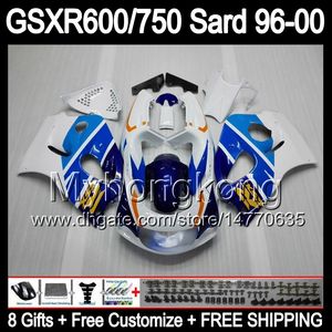 8Gifts + Carenagem Para SUZUKI Azul Branco GSXR600 GSXR750 SRAD 96-00 GSXR 600 750 MY6 GSX R600 R750 96 97 98 99 00 1996 1997 1998 1999 2000 Corpo