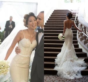 로맨틱 인어 레이스 웨딩 드레스 스파게티 스트랩 Tulle Sweep Train Applique Sheath 매력적인 신부 가운 Backless Wedding Dress 2015