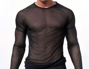 Großhandels-Clubwear-Langarm-Mesh-Männer-T-Shirt, dehnbar, durchsichtig, durchsichtige Tops