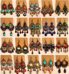 Mixed order 25 style 25Pairs/lot long tassel hyperbole Bohemian alloy Set auger resin gemstone Retro earrings